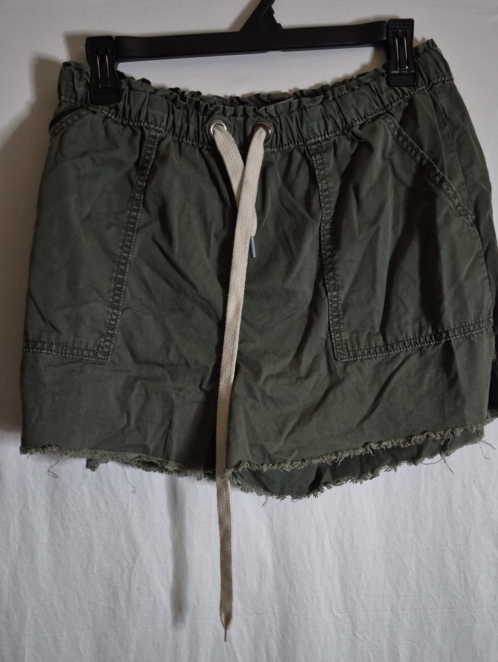 No Boundaries Olive Cargo Drawstring Shorts with Frayed Hem